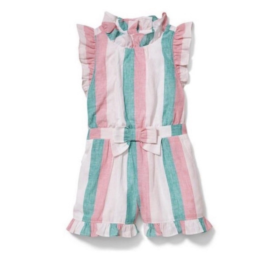 Janie & Jack Striped Pink White Romper Sz 12 Pockets Ruffles Beach Coastal Now